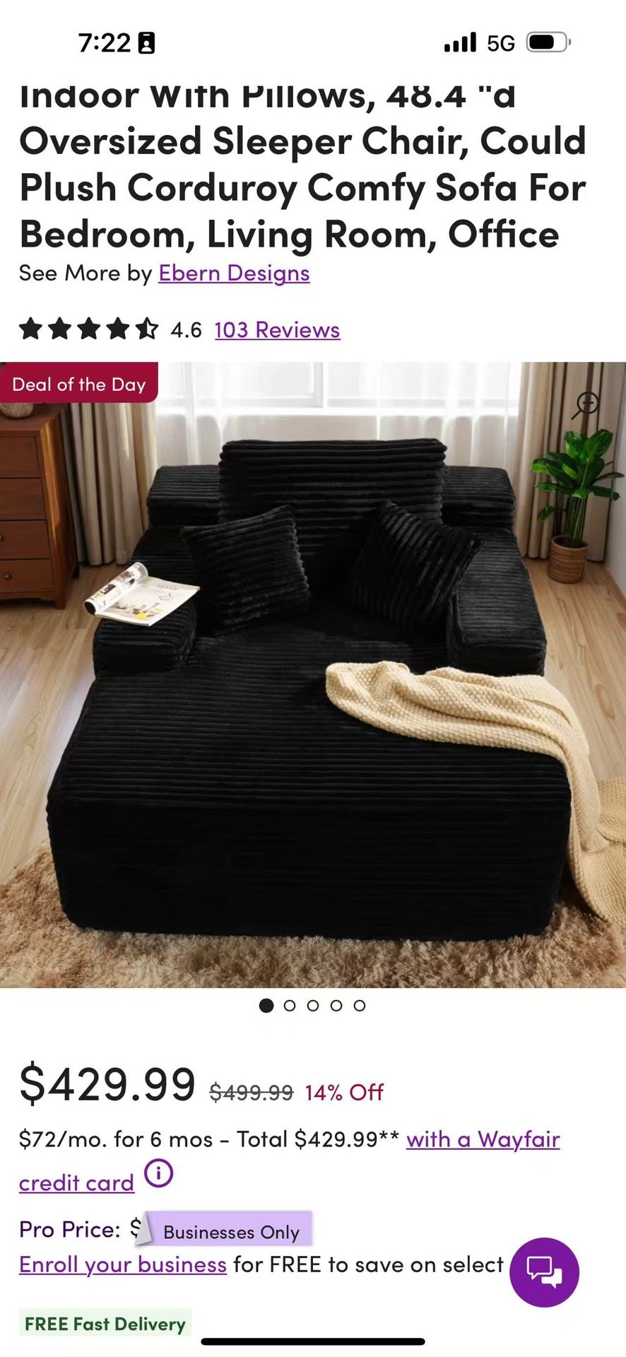 Cloudelle Chaise Lounge Chair Indoor With Pillows, 48.4 "d Oversized Sleeper Chair, Could Plush Corduroy Comfy Sofa For Bedroom, Living Room, Office