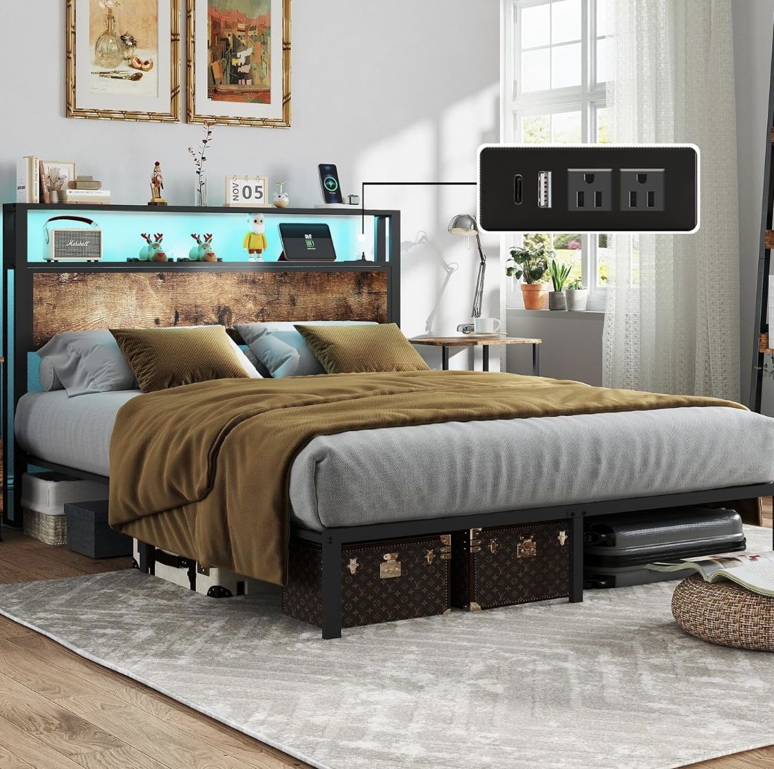 Queen Size Bed Frame with Headboard, Metal Platform Bed Frame with LED Lights & Charging Station, Under Bed Storage, Solid and Stable, No Box Spring N