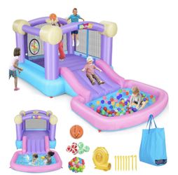 Whubefy Inflatable Pink Bounce House for Kids 2-8 with Ball Pit, 161x82x63 All-in-ONE Jump and Slide Water Park w/50 Ocean Balls, 6 Dart Target Balls,