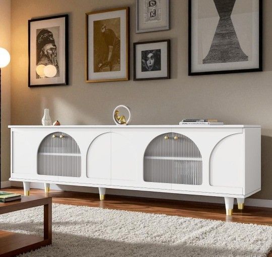 Contemporary TV Stand with Adjustable Shelves, Console with Gold Handles and Arch Fluted Glass 