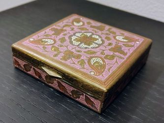 1970s Indian Brass Pink Enamel Box - 4 inch Cigarette Trinket Keepsake