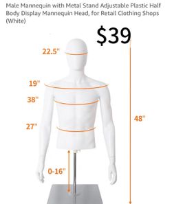 😀 Male Mannequin with Metal Stand Adjustable Plastic Half Body Display Mannequin Head, for Retail Clothing Shops (White)