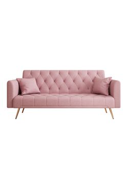 71-inch pink velvet three-seat sofa with two throw pillows for living room, bedroom