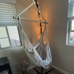 Boho Hammock Chair w/ Stand + Cushions + String Lights