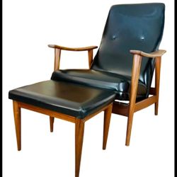 1960's Mid-Century Modern Danish Chair Recliner & Ottoman In The Style Of Milo Baughman