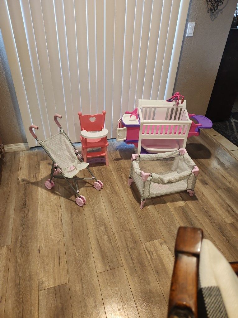 Baby Doll Accessories Playpen, Highchair, Changing Table And Stroller