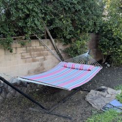 Used Double Hammock with Metal Stand and Pillow (Multi-Color)