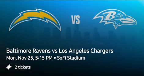 Baltimore Ravens VS. Los Angeles Chargers 2x. Monday NIGHT FOOTBALL!!!