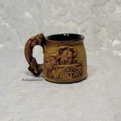 Stoneware Pottery Dragon Handle Beer Stein Mug Medieval Relief Dragon Slayer Cup