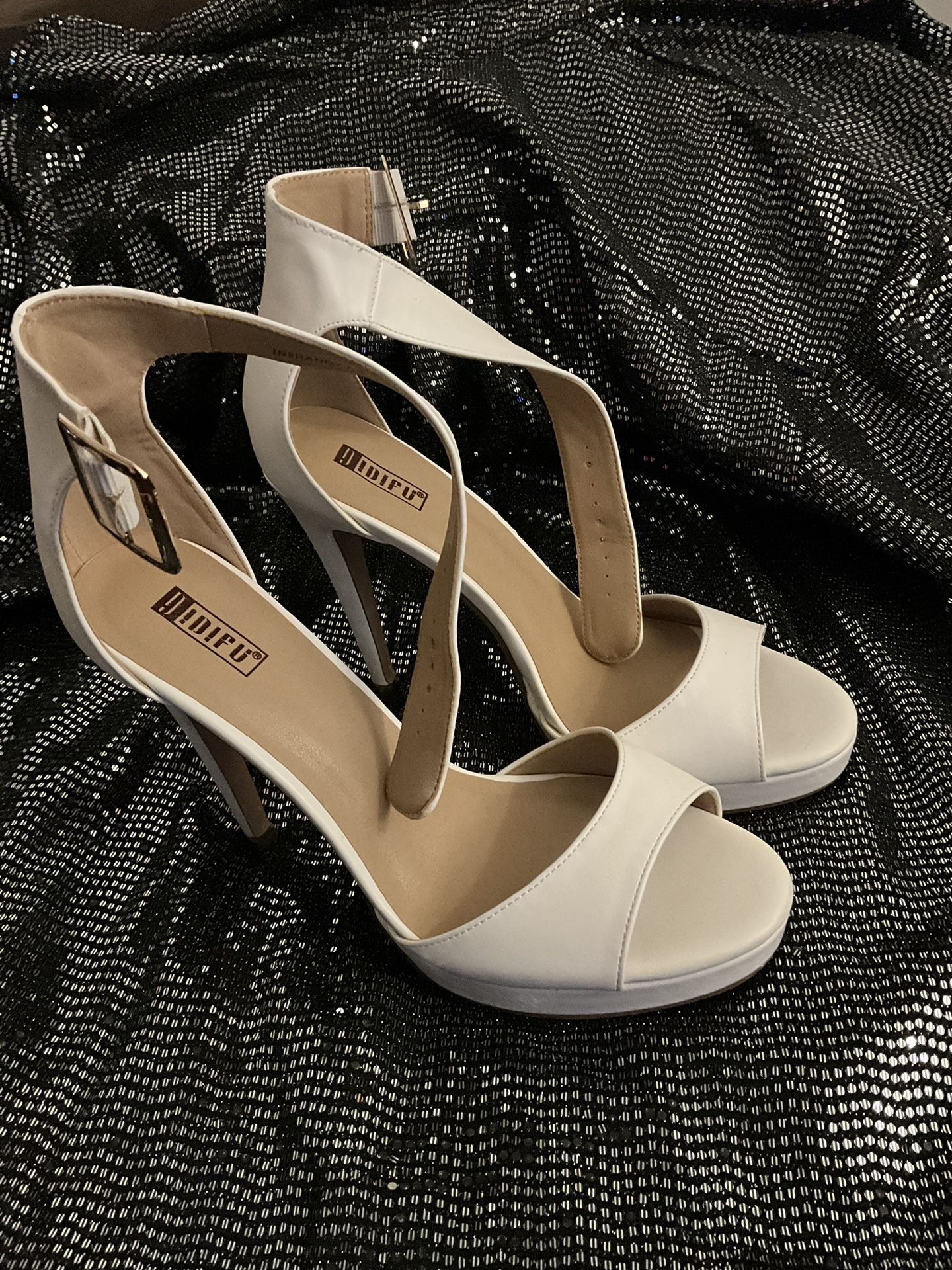 White Open Toe Strap High Heel Drag Queen Costume Shoe Shoes Size 11 Women’s 