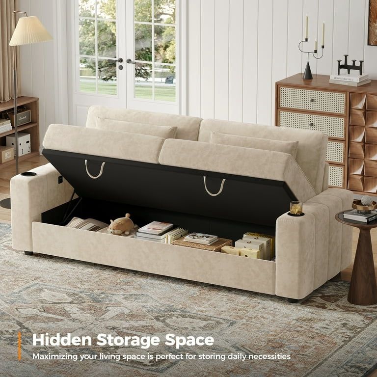 87”Large Sofa, 3 Seater Couch with Storage, Velvet Fabric Deep Seat Sofa with Pillow& Cup Holders, Modern Comfy Sofa with USB& Type-C Ports, Home Sofa