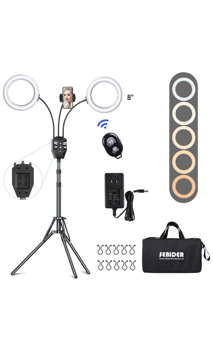 SEBIDER 8'' LED Ring Light with Tripod Stand & Phone Holder,Dual LED Ring Lights Dimmable with 5 Modes
