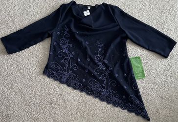NWT JMI Special Occasion Beaded Asymmetrical Cowl Neck Blouse - Size 14