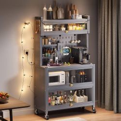 Kitchen Baker's Rack with Flip Door Cabinet, 5-Tier Microwave Stand with Pegboard Accessories, Large Metal Storage Shelves for Garage Pantry Home