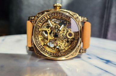 Mens  Mechanical Perpetual Rotor Wind-up Gold Toned Skeleton Watch