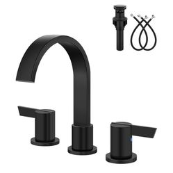 Bathroom Faucets 3 Hole,8 Inch Widespread Waterfall Bathroom Sink Faucet,2 Handles Vanity Faucet with Pop-up Drain and Supply Hose,Matte Black