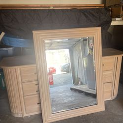 (OBO) Vintage Light Wood Dresser with Attached Mirror – 9 Drawers & Cabinet Storage