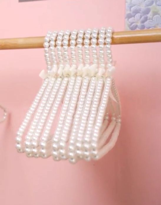 (7777-9) Threan 10 Pcs 16 Inch Pearl Clothes Beaded Clothing Hanger with Ribbon Bowknot Metal Elegant Clothes Standard Hanger for Women Bride Wedding