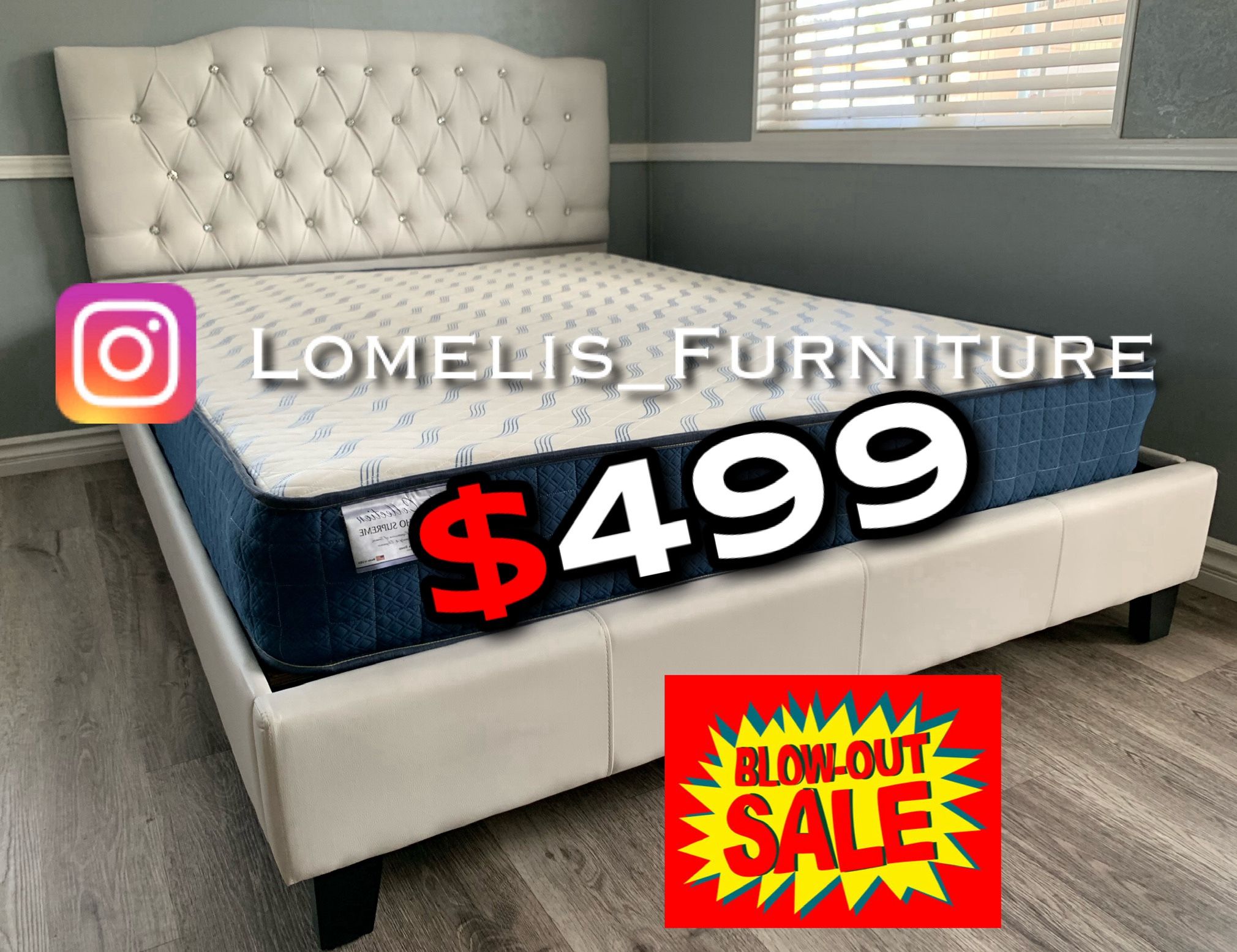 Cal King White Crystal Button Tufted Bed w. Orthopedic Mattress Included