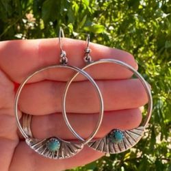 Handmade Sterling Silver Turquoise Stone Hoop Earrings 