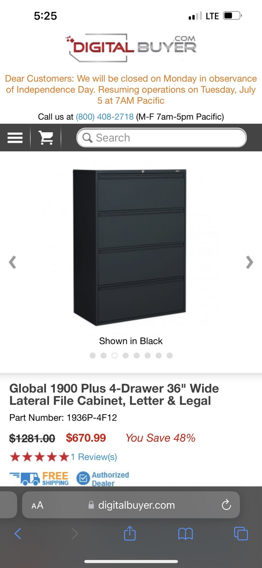  Global 1900 Plus 4-Drawer 36" Wide Lateral File Cabinet, Letter & Legal