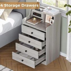 Grey Nightstand with Charging Station