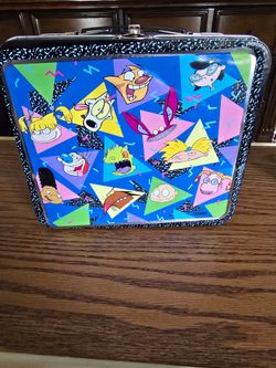 Thermos metal tin lunchbox featuring a collage of characters from 1990s Nickelodeon shows.