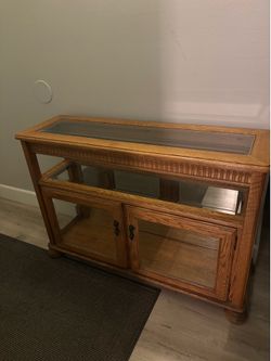 Vintage Oak Glass Display Console Cabinet