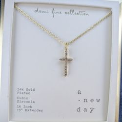 14k gold plated cubic zirconia cross necklace