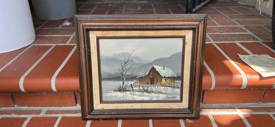 Framed Painting Winter Barn Scene Signed Raymond