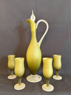 Vintage Italian Satin Frosted Olive Green Glass Decanter Set with 4 Glasses