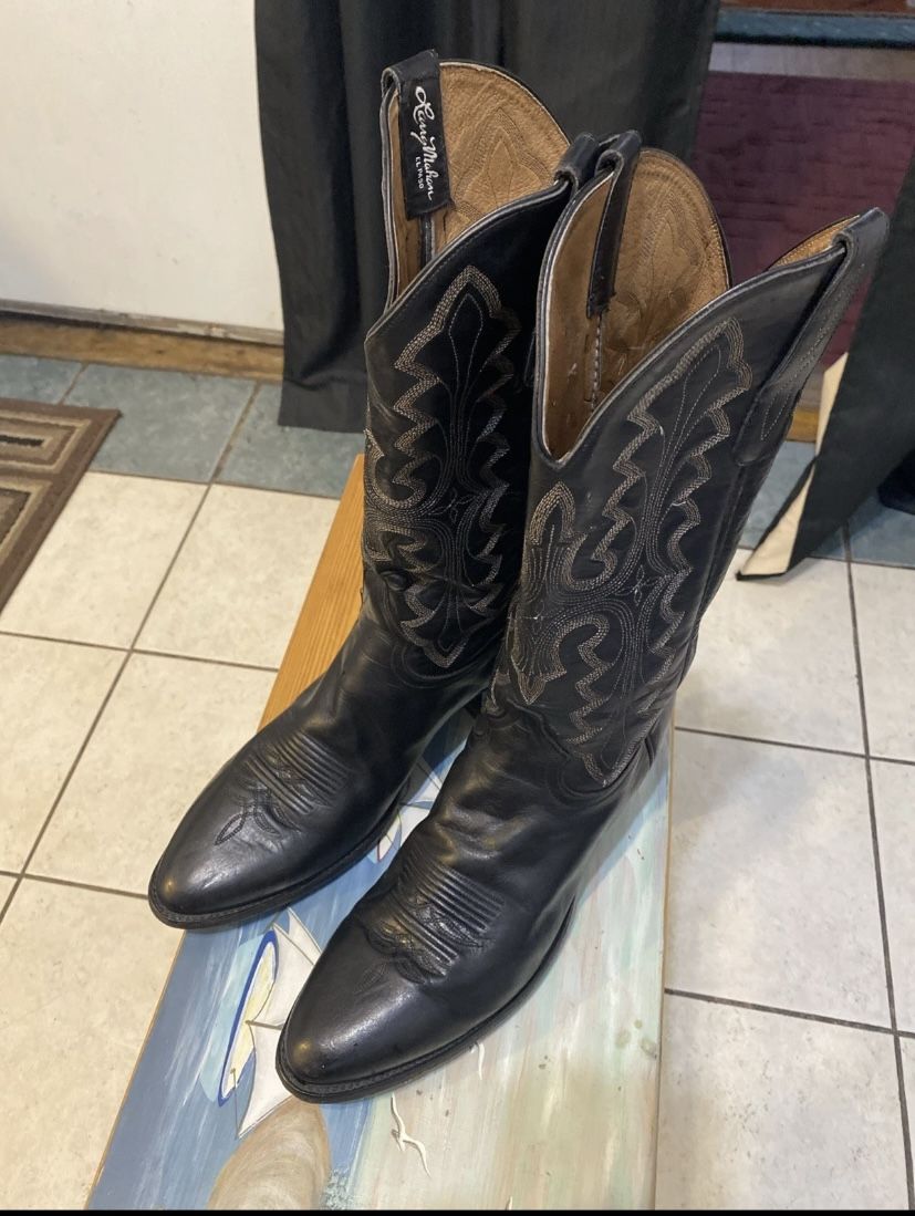LARRY MAHAN Men's 10.5 D , Black Leather Made in USA Western Cowboy Boots