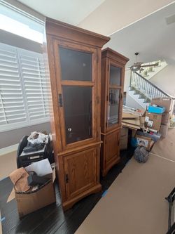 FREE PAIR OF TALL SOLID WOOD DISPLAY/STORAGE CABINETS – MUST GO ASAP!