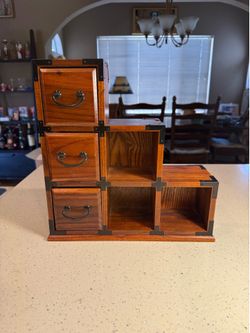 Wooden Desktop Organizer with 3 Drawers & Storage Cubbies | Rustic Office Storage