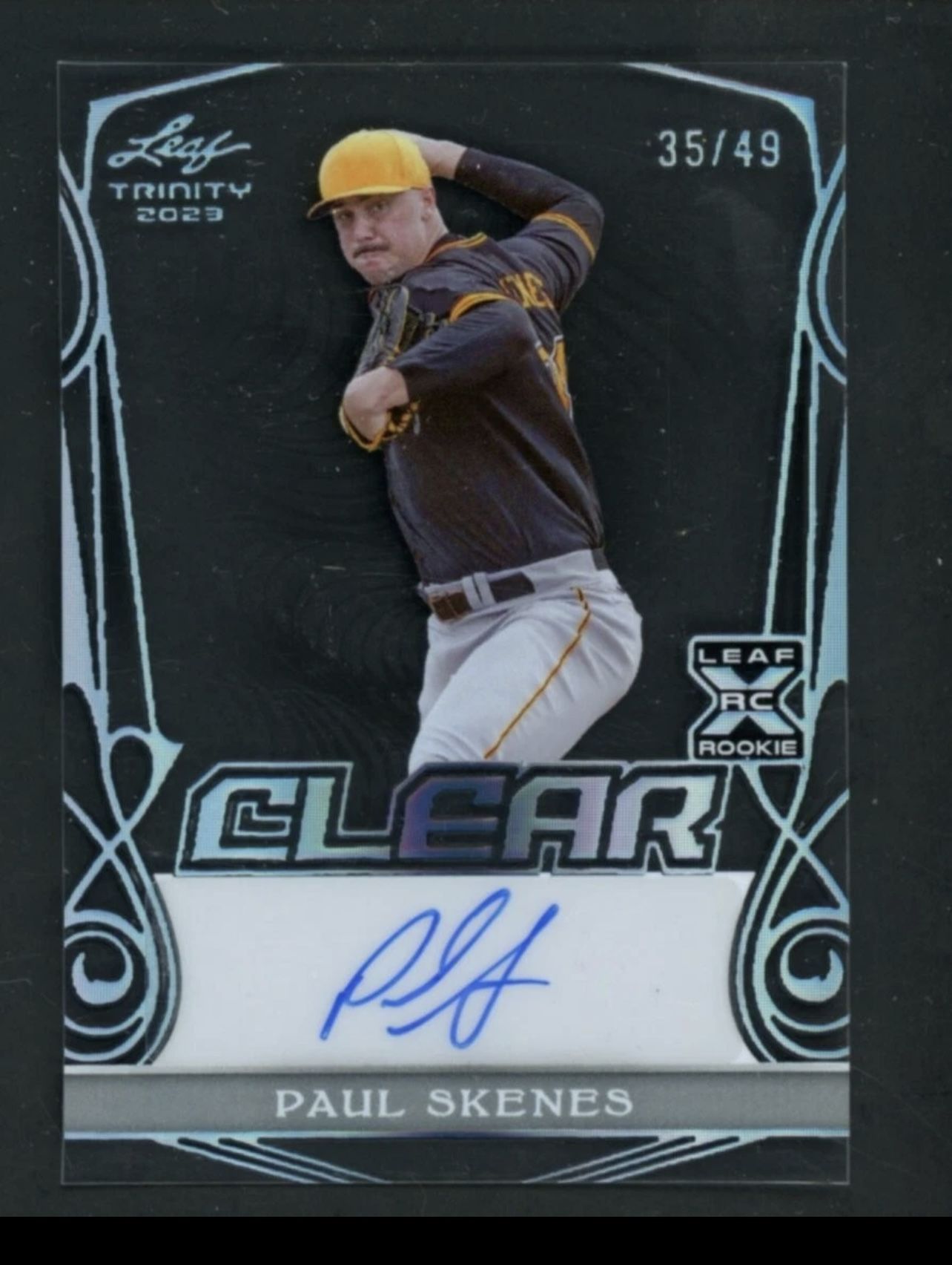 PAUL SKENES /49 SIGNED 2023 Leaf Trinity Clear Platinum RC BASEBALL CARD
