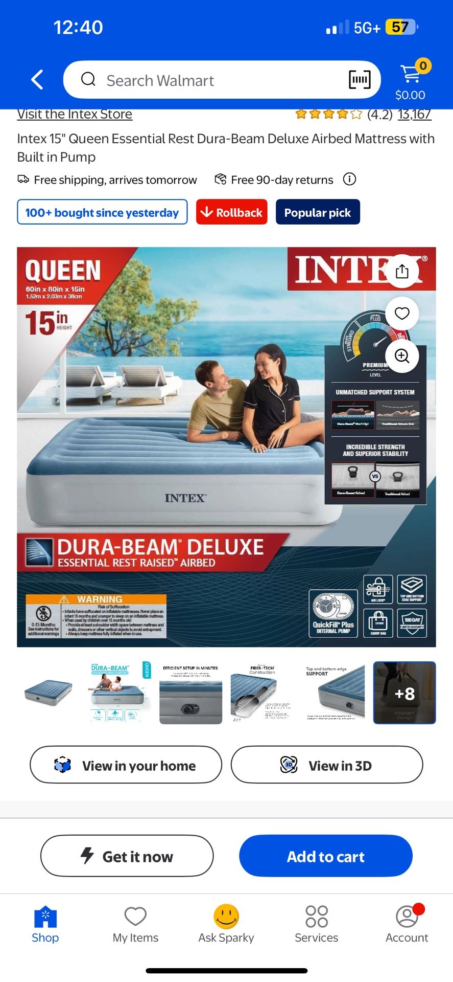 Intex 15" Queen Essential Rest Dura-Beam Deluxe Airbed Mattress with Built in Pump