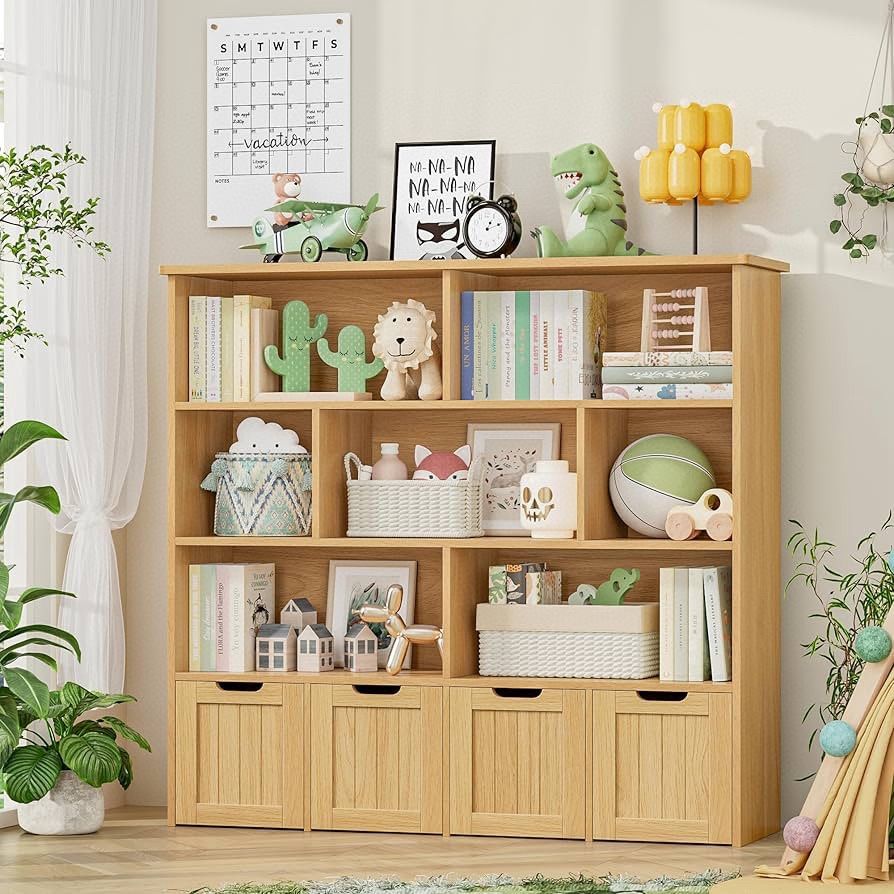 Toy Storage Organizer, Large Toy Organizers and Storage with 4 Movable Drawers and 7 Storage Cubbies, Toy Chest Shelf Kids Bookshelf with H