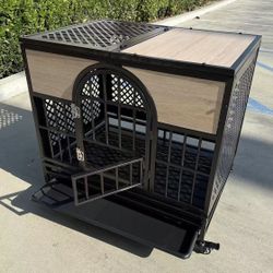 New In Box 35x25x33 Inch Tall Heavy Duty Steel Metal Dog Cage Crate Kennel With Locking Wheels Top Opens Light Grey 