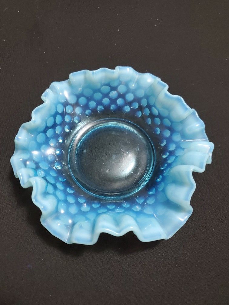 Fenton Blue Hobnail Ruffled Candy Dish