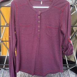 Red and Blue Striped Long Sleeve Henley Shirt
