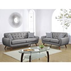 Beautiful Mid-century Grey Sofa Loveseat Set Tufted Backrest Wood Peg Legs Pillows Included Retro Style Furniture Brand New In Box Firm Price $599