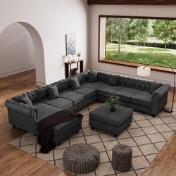Chesterfield Sectional Sofa with Ottoman and 6 Pillows U-Shape Linen Fabric Sofa with Chaise and Rubberwood Legs for Living Room - Grey