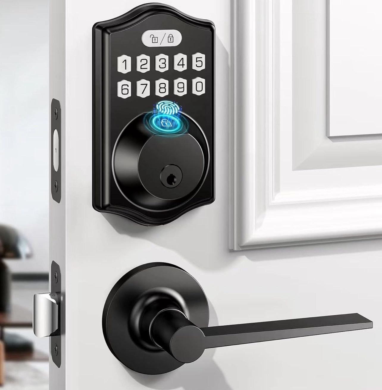 keyless Entry Door Lock deadbolt with Handle Set-Front Smart Door Locks for Front Door-with 2 Lever Handles-Electronic Keypad Code Deadbolt,Fingerprin