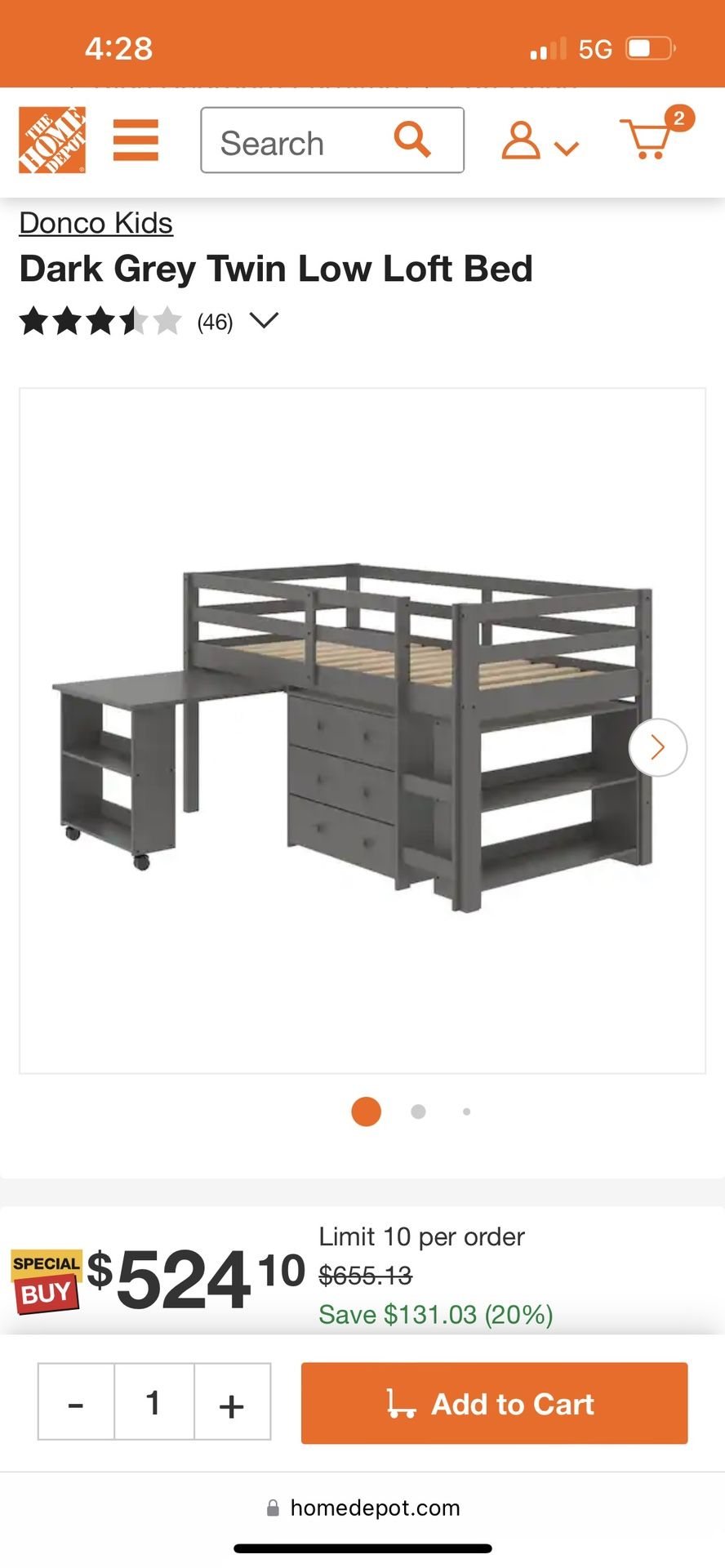 Gray Kids Twin Size Loft Bed With Desk, Shelf And Chest