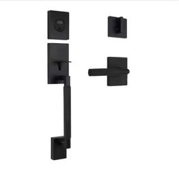 Woodward Matte Black Single Cylinder Door Handleset with Woodcliff Interior Lever
