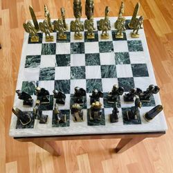 Vintage Marble Chess Set w: Brass Pieces & Table 