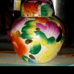 Vintage Fifties Hand Painted Porcelain Ginger Jar Multicolored Floral Design.