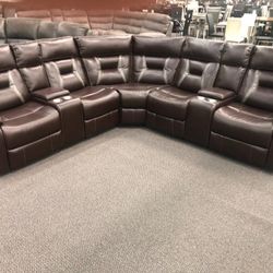 New Reclining Sectional .  Brown Gel Leatherette .  106” X 106”.  Free Delivery !
