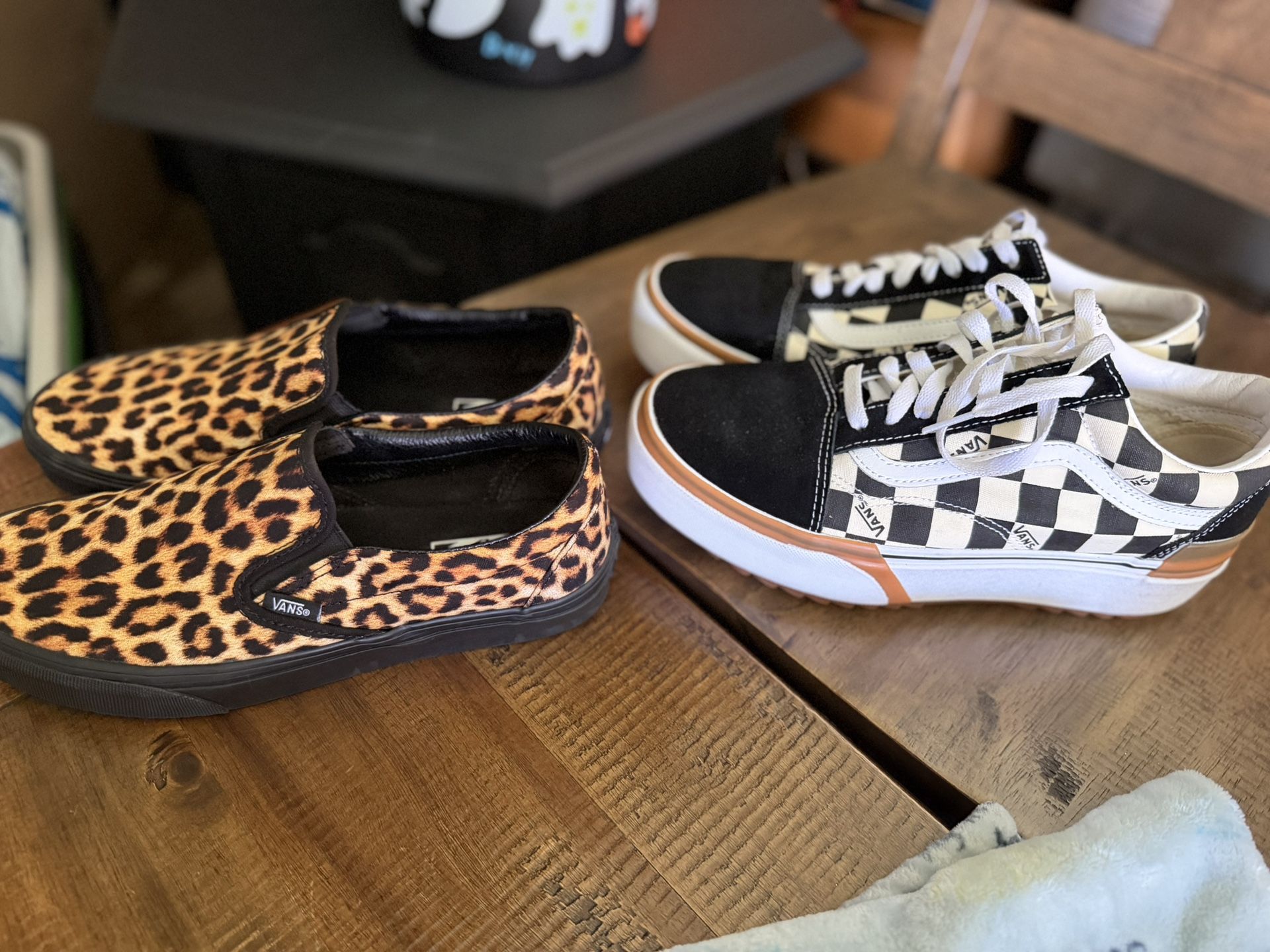 Women’s Vans Shoes, Size 10 Checkered Platform Stacked Cheetah Print Slip On Both Worn Once