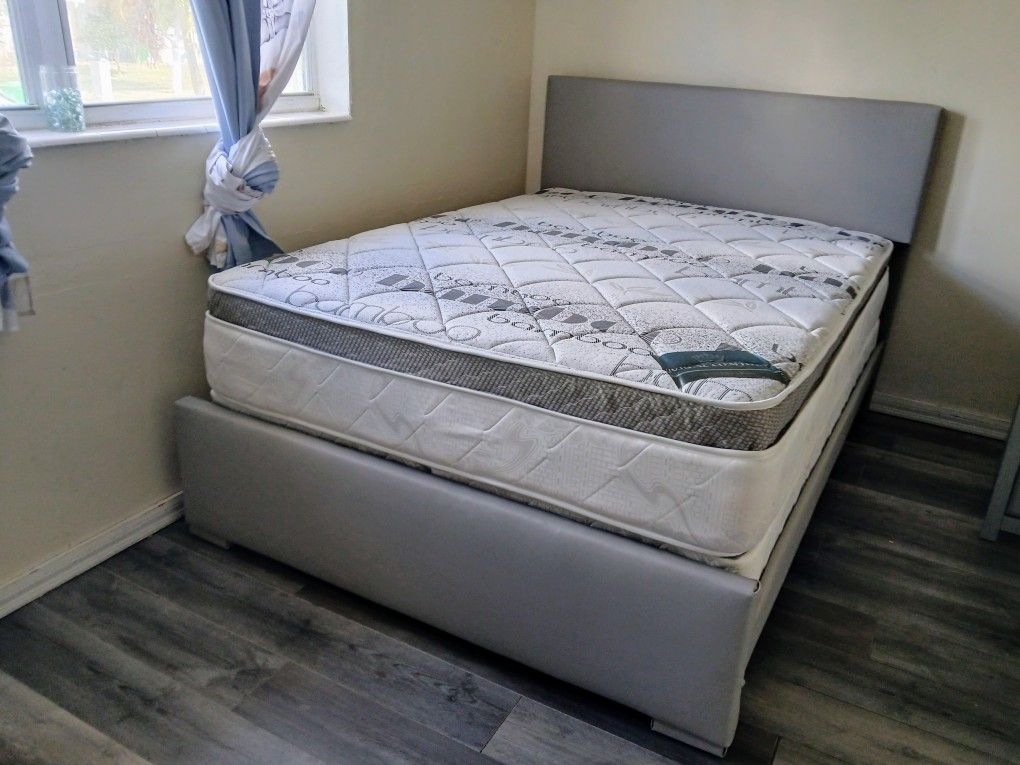 $390 Gray Queen Bed Frame With Mattress And Box Spring Brand Free Delivery